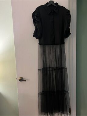 Black Puff-Sleeve Maxi Dress with Sheer Tiered Skirt